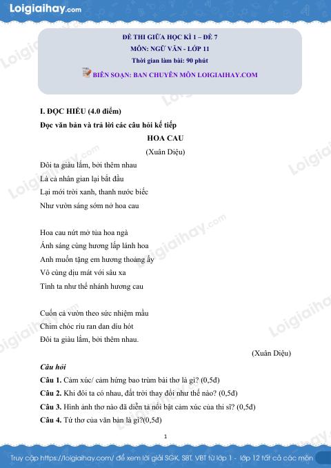 Đề thi giữa kì 1 Văn 11 Cánh diều - Đề số 7
